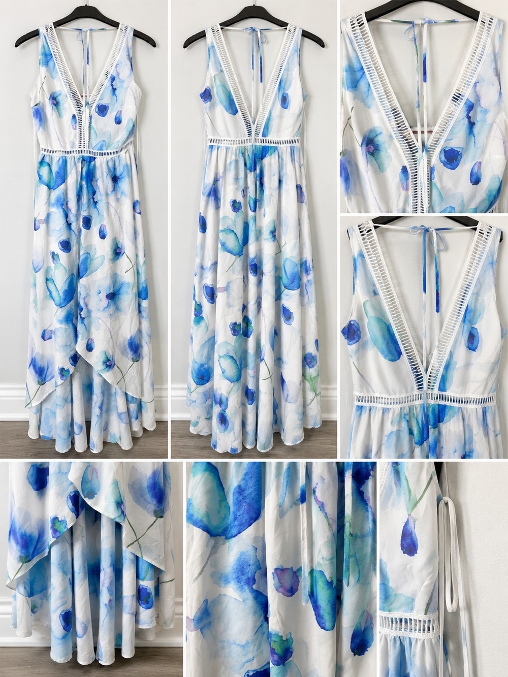 Blue Watercolor Floral V-Neck Maxi Dress - Women